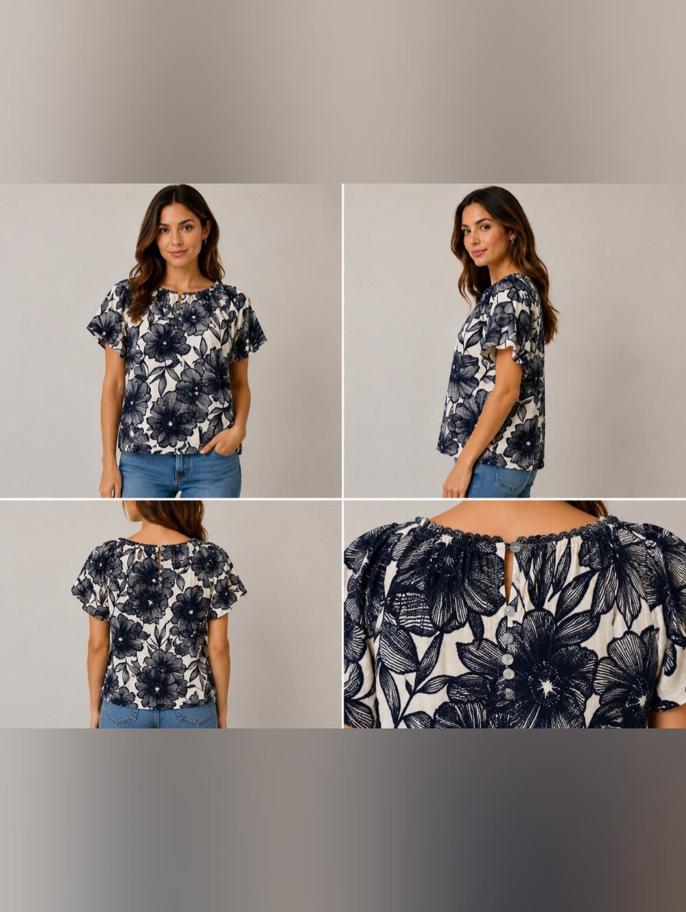Sunset & Harper Blue Floral Short Sleeve Blouse Sz Large Bubble Hem Crochet Neck - Picture 15 of 15